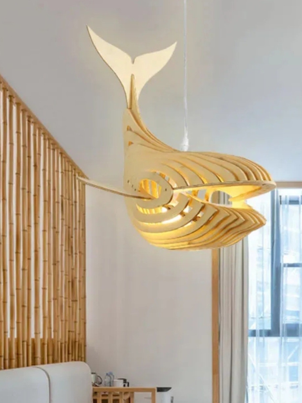 Whale Pendant Light Fixture in Natural Wood Tone NEW